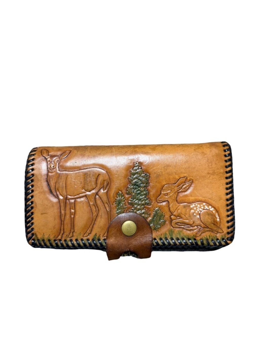 Vintage Hand Tooled Leather Wallet Western Deer Scene Snap Closure Brown